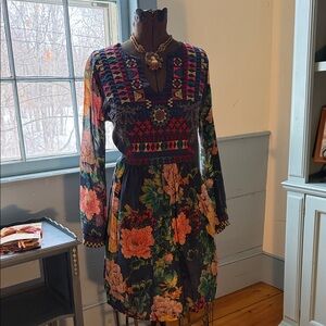 Johnny Was Black Floral Embroidered Long Sleeve Dress